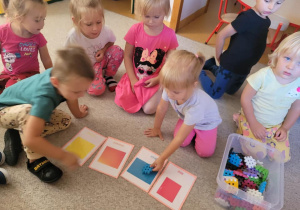 Zabawa ,,Dopasuj klocek i podaj nazwę koloru''. Dzieci kładą odpowiedni kolor klocka do obrazka i podają nazwę tego koloru.
