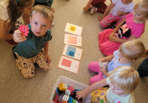 Dzieci kładą odpowiedni kolor klocka do obrazka i podają nazwę tego koloru.