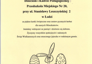 Podziękowanie dla przedszkola - za przekazane kartki wielkanocne i herbaty dla mieszkańców DPS w Łodzi