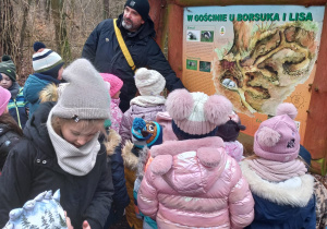 Dzieci stoją i ogladają tablice edukacyjną znajdującą się w lesie