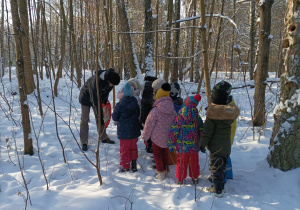 Dzieci oglądają ślady na śniegu wraz z przewodnikiem