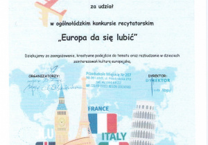 Podziękowanie dla przedszkola za udział w konkursie recytatorskim,, Europa da się lubić ''