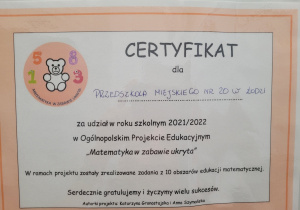 Certyfikat dla przedszkola za udział w projekcie ,, Matematyka w zabawie ukryta ''