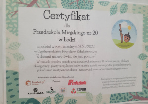 certyfikat dla przedszkola za udziału w projekcie ,, Z darami natury świat nie jest ponury! ''