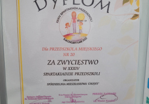 Dyplom za udział w XXXIV Spartakiadzie Przedszkoli