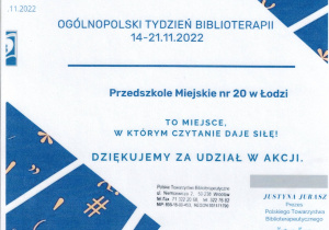 Dyplom za udział przedszkola w akcji z okazji Ogólnopolskiego Tygodnia Biblioterapiii