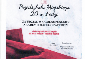 Dyplom za udział w ogólnopolskiej akademii Małego Patrioty